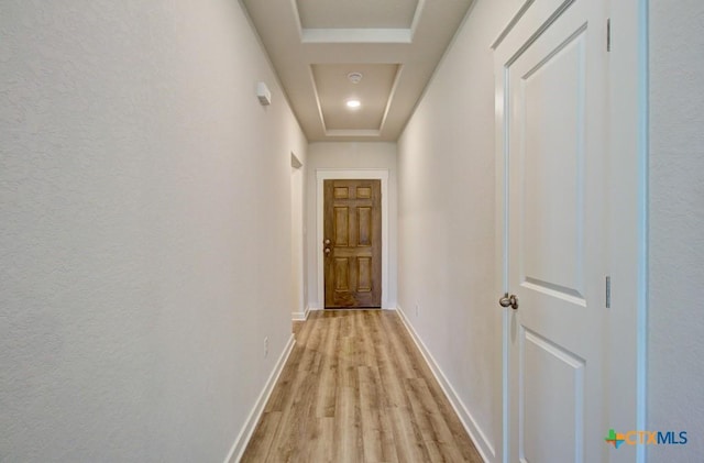 hall featuring a tray ceiling and light wood-type flooring