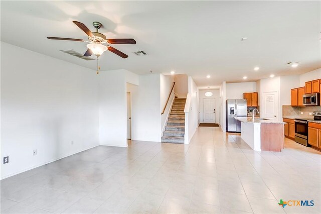 3802 Endicott Dr, Killeen, TX 76549 - unfurnished living room featuring stairway, a ceiling fan, recessed lighting, and light tile patterned floors
