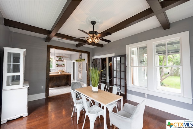 dining room featuring beamed ceiling, dark hardwood / wood-style floors, and ceiling fan