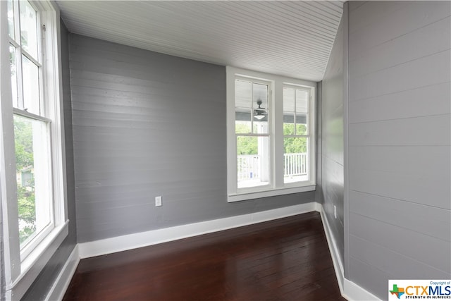 unfurnished room featuring dark hardwood / wood-style flooring and wood walls