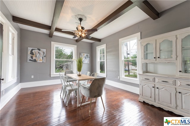 dining area with dark hardwood / wood-style flooring, ceiling fan, and beam ceiling