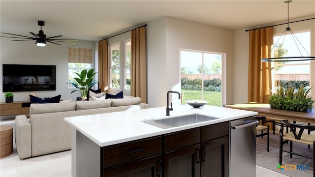 kitchen with dark brown cabinetry, dishwasher, sink, decorative light fixtures, and a center island with sink