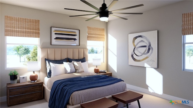 bedroom featuring ceiling fan and carpet floors