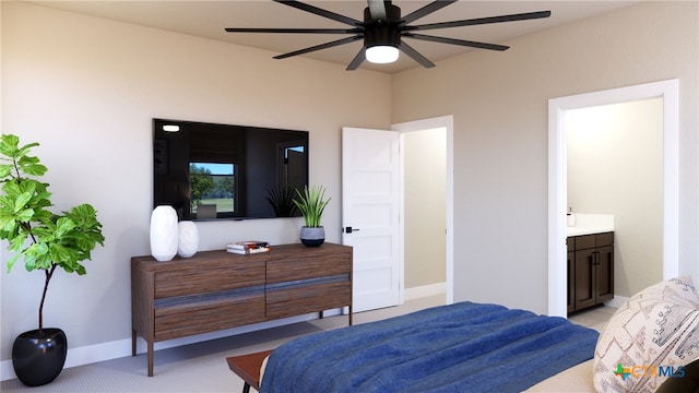 carpeted bedroom with ensuite bathroom and ceiling fan