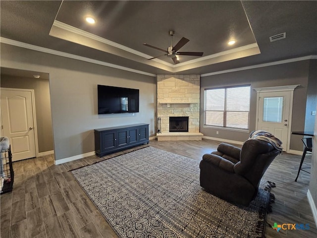 living room featuring dark wood-type flooring, ornamental molding, a raised ceiling, and a fireplace