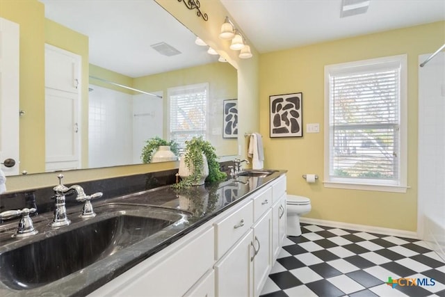 bathroom featuring a shower, vanity, and toilet