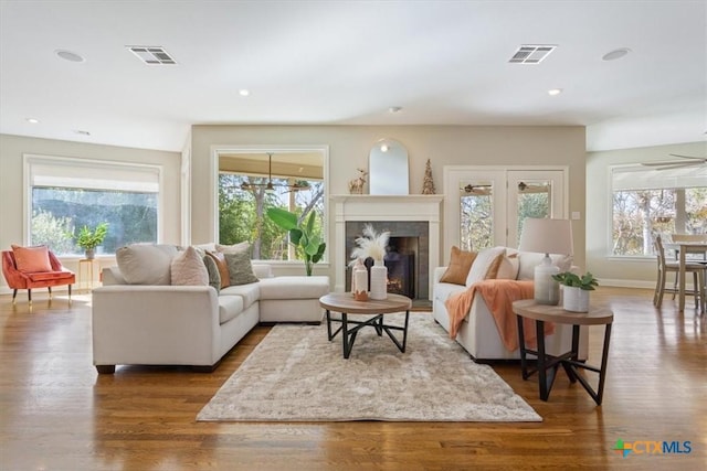 living room featuring dark hardwood / wood-style floors, ceiling fan, and a premium fireplace