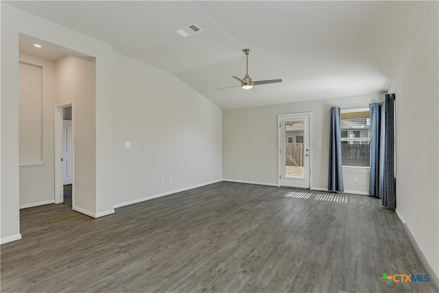 unfurnished living room featuring ceiling fan, lofted ceiling, and dark hardwood / wood-style floors