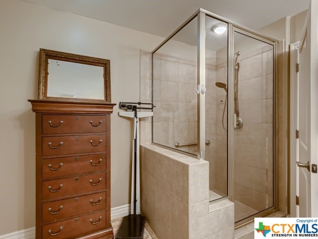 bathroom featuring a shower with door