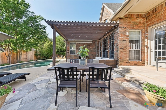 view of patio featuring fence, a pergola, and outdoor dining area