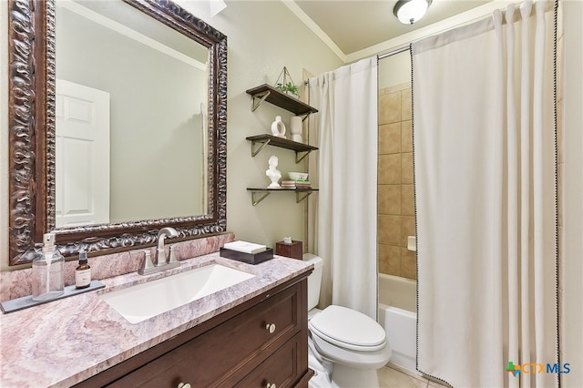 full bathroom with ornamental molding, toilet, vanity, and shower / bath combo with shower curtain
