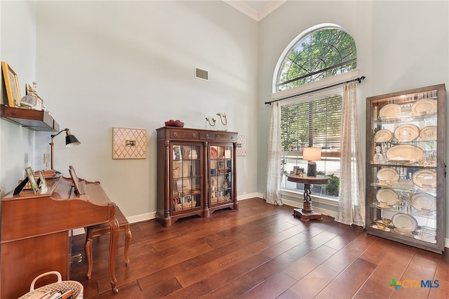 sitting room with wood finished floors, a high ceiling, crown molding, and baseboards