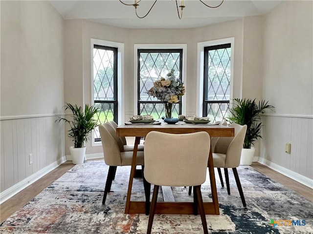 101 Biltmore Dr, Victoria, TX 77904 - dining area with plenty of natural light, wood finished floors, a wainscoted wall, a chandelier, and wooden walls