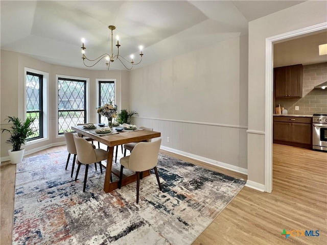 101 Biltmore Dr, Victoria, TX 77904 - dining room with a chandelier, light wood-type flooring, a raised ceiling, and a wainscoted wall