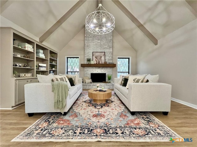 101 Biltmore Dr, Victoria, TX 77904 - living area featuring plenty of natural light, high vaulted ceiling, light wood finished floors, a fireplace, and beam ceiling