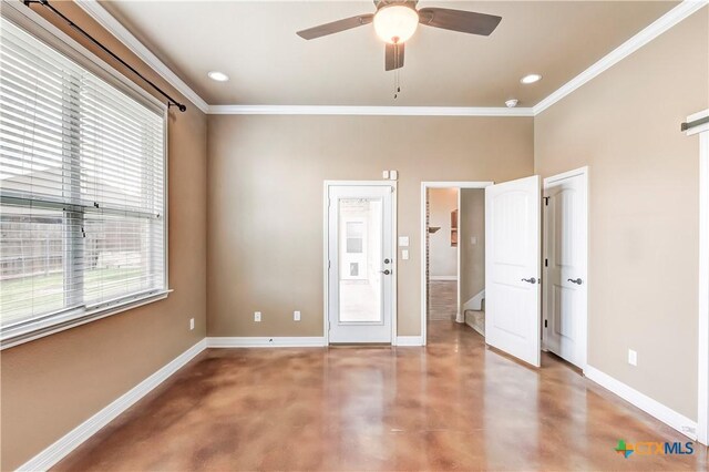2508 Mugho Dr, Harker Heights, TX 76548 - unfurnished bedroom with concrete flooring, ornamental molding, multiple windows, recessed lighting, and ceiling fan