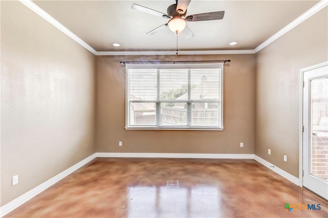 2508 Mugho Dr, Harker Heights, TX 76548 - spare room with finished concrete floors, ornamental molding, healthy amount of natural light, a ceiling fan, and recessed lighting