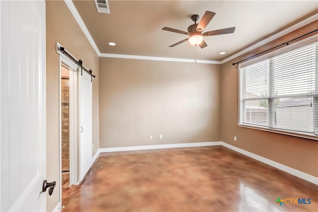 2508 Mugho Dr, Harker Heights, TX 76548 - unfurnished bedroom with finished concrete floors, a barn door, crown molding, ceiling fan, and recessed lighting
