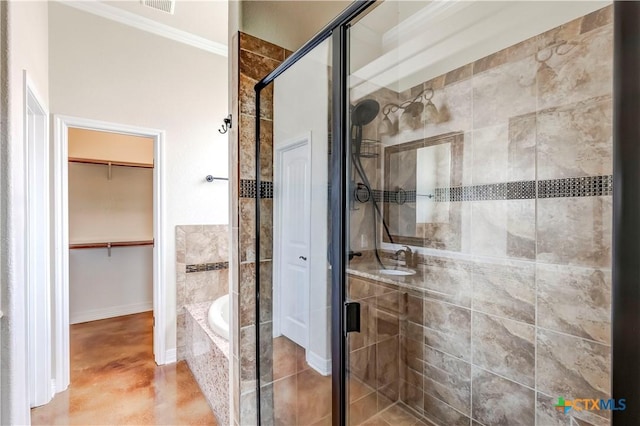 2508 Mugho Dr, Harker Heights, TX 76548 - full bathroom featuring a bath, a shower stall, a walk in closet, and finished concrete floors