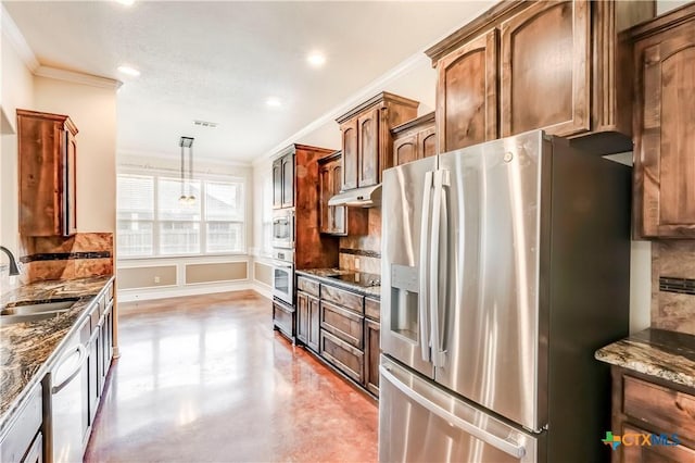 2508 Mugho Dr, Harker Heights, TX 76548 - kitchen featuring stainless steel appliances, dark stone counters, ornamental molding, tasteful backsplash, and hanging light fixtures