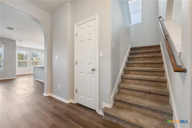 stairway featuring hardwood / wood-style floors