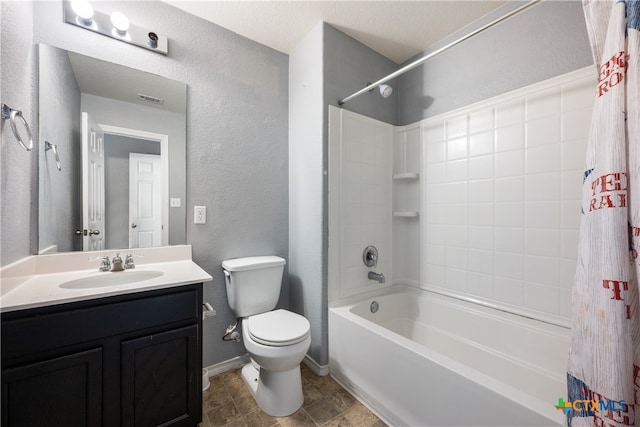 full bathroom featuring vanity, toilet, and shower / bathtub combination with curtain