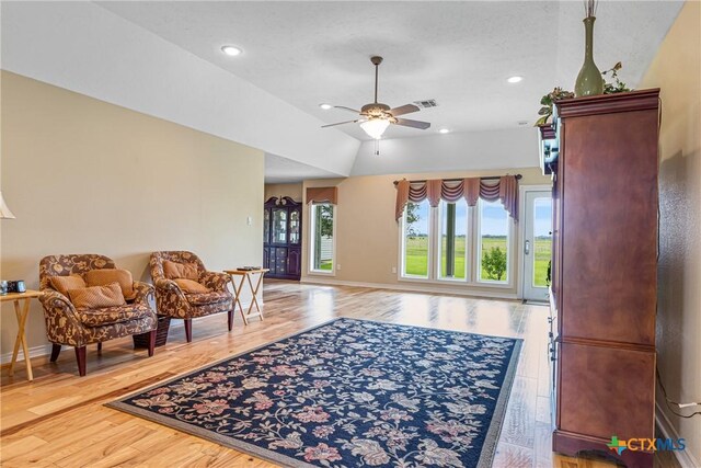 444 E Maxwell Ditch Rd, Port Lavaca, TX 77979 - sitting room with ceiling fan, light wood-style floors, recessed lighting, and lofted ceiling