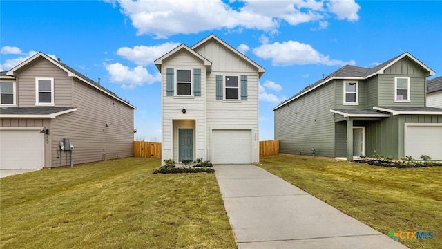 view of front of property featuring concrete driveway, board and batten siding, a front yard, and fence