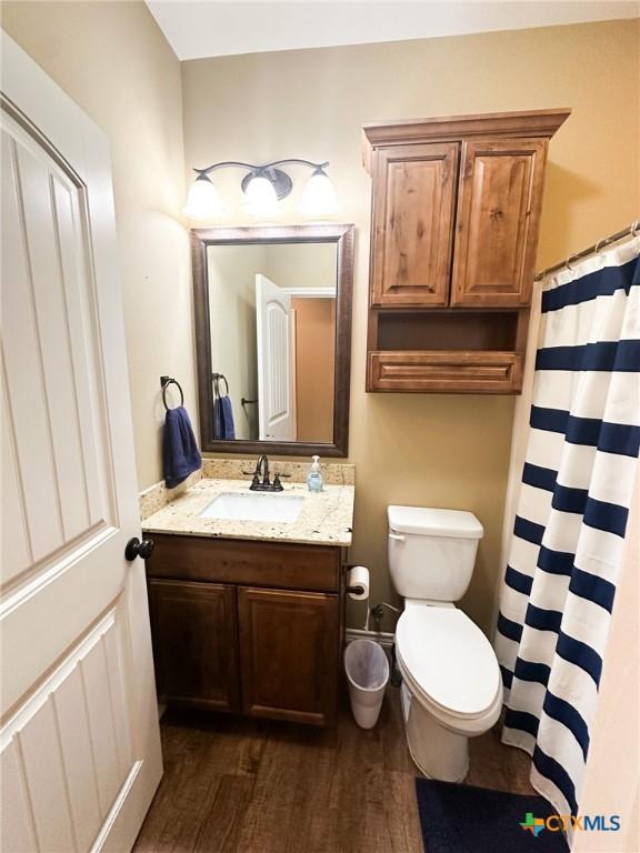 bathroom with hardwood / wood-style flooring, vanity, and toilet