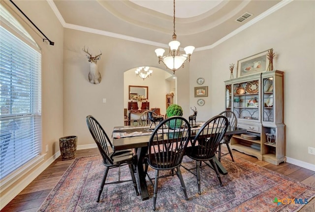 10510 Teich Loop, New Braunfels, TX 78132 - dining area with visible vents, wood finished floors, baseboards, a notable chandelier, and a tray ceiling
