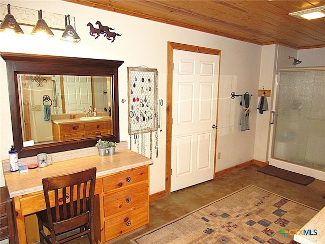 bathroom featuring vanity, wood ceiling, and a shower with shower door