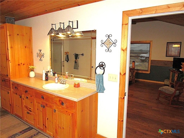 bathroom featuring vaulted ceiling, vanity, and hardwood / wood-style floors