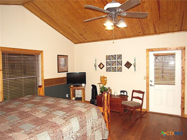 bedroom with dark hardwood / wood-style flooring, wood ceiling, and vaulted ceiling