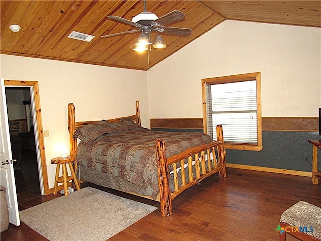 bedroom featuring wood ceiling, ceiling fan, lofted ceiling, and dark hardwood / wood-style flooring