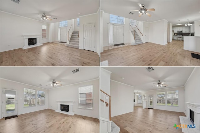 unfurnished living room with stairway, visible vents, a fireplace with raised hearth, and crown molding