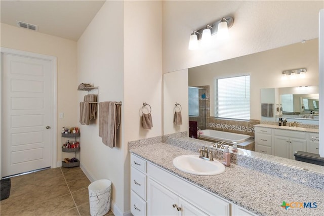 29121 Ismorada, San Antonio, TX 78260 - full bathroom featuring vanity, a stall shower, a bath, tile patterned flooring, and baseboards