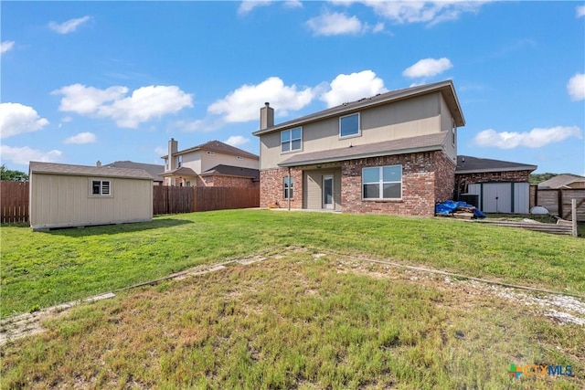 2506 Alamocitos Creek Dr, Killeen, TX 76549 - back of property featuring a storage unit, brick siding, an outdoor structure, and a chimney