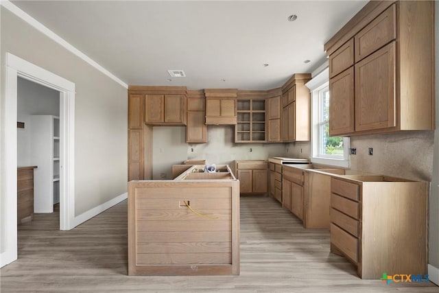 kitchen featuring baseboards, a kitchen island, light wood finished floors, and visible vents