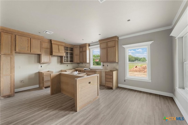 kitchen with light wood-style flooring, baseboards, custom range hood, visible vents, and ornamental molding
