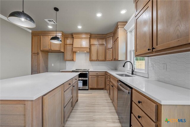 101 Dana Point Rd, Lorena, TX 76655 - kitchen featuring stainless steel appliances, a sink, custom range hood, light wood-style flooring, and tasteful backsplash