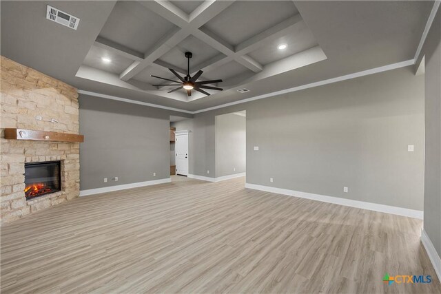 101 Dana Point Rd, Lorena, TX 76655 - unfurnished living room featuring ceiling fan, coffered ceiling, light wood-style floors, baseboards, and a fireplace