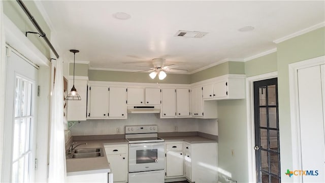 kitchen with visible vents, electric stove, under cabinet range hood, white cabinetry, and a sink