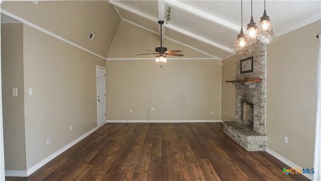 unfurnished living room with a large fireplace, visible vents, lofted ceiling with beams, and wood finished floors