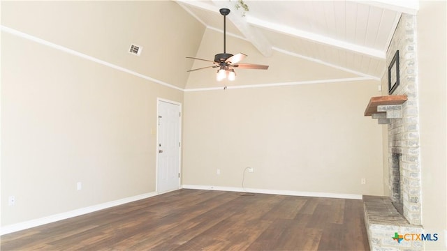 unfurnished living room with ceiling fan, beam ceiling, wood finished floors, and visible vents