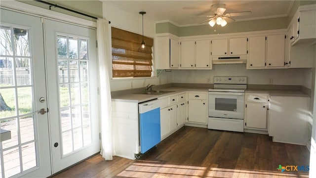 kitchen with electric range, dishwasher, french doors, under cabinet range hood, and a sink