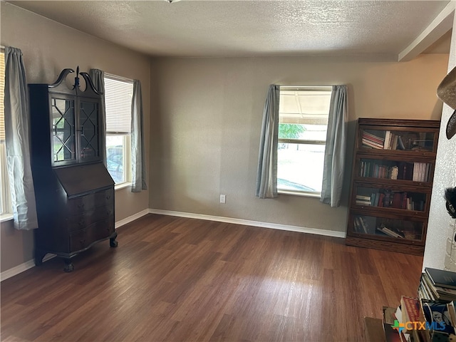 interior space with dark hardwood / wood-style floors, a healthy amount of sunlight, and a textured ceiling