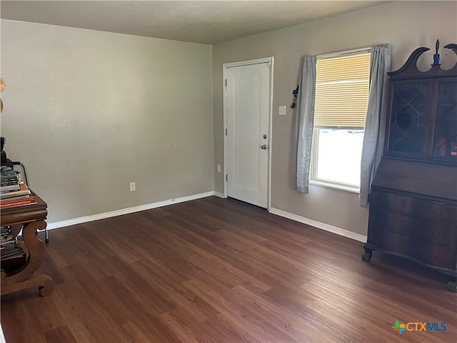 entryway with dark wood-type flooring and a textured ceiling