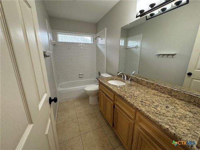 bathroom featuring tile patterned flooring, shower / tub combination, vanity, and toilet