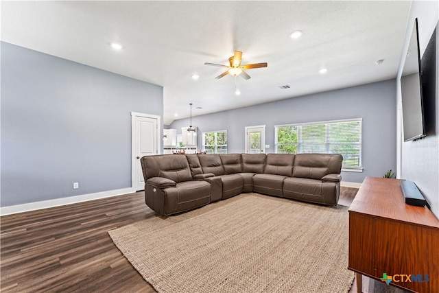 living area with visible vents, a ceiling fan, dark wood-style floors, recessed lighting, and baseboards