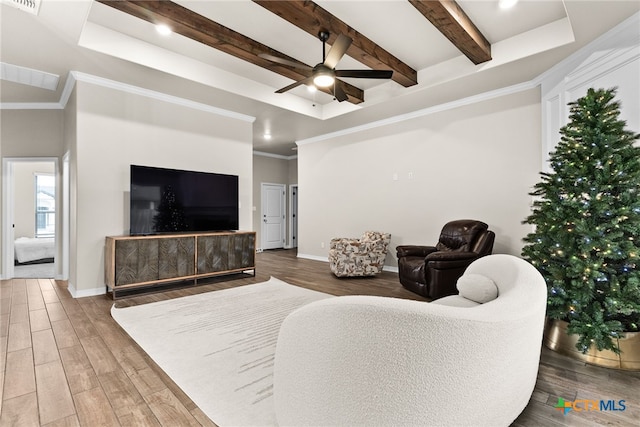 living room with ceiling fan, ornamental molding, and a tray ceiling